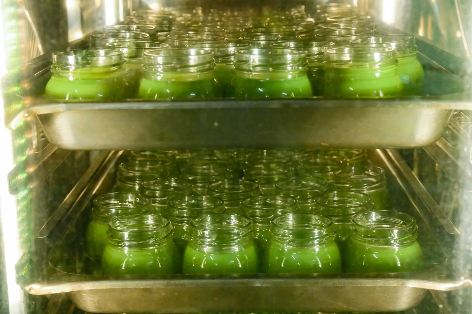 抹茶プリンの製造風景