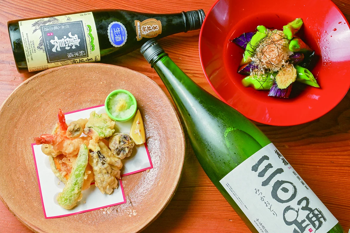 うまっしゅ — 奈良の地酒と旬の手づくり料理 (天ぷら・茄子の冷やし鉢など)